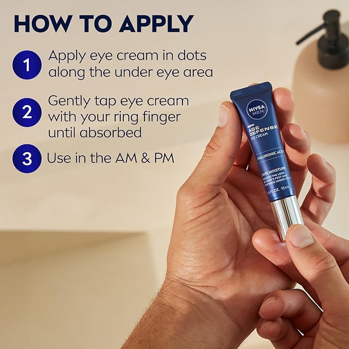 NIVEA Men Age Defense Eye Cream with Hyaluronic Acid, Skin Care Gifts for Dad, 24-Hour Hydrating Under Eye Cream for Men Helps Reduce Look of Crow's Feet, Fine Lines and Dark Circles, 0.5 Fl Oz Tube