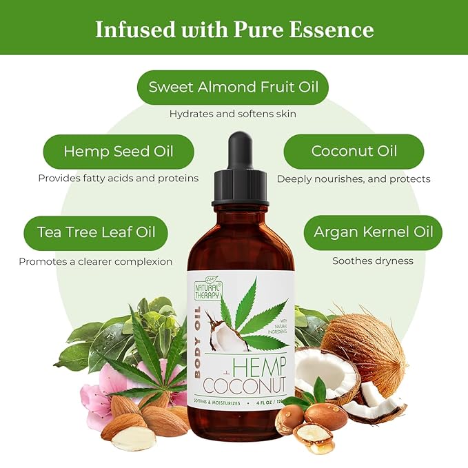 Natural Therapy Sensual Massage Oil for Date Night – Scented Body Oil for Couples with Hemp & Coconut (4 Fl.Oz)