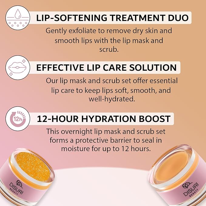 Lip Mask and Lip Scrub Set - Moisturizing Lip Scrub for Exfoliating and Smoothing Lips, Cruelty-free - Improves Texture, Hydrates, and Softens Chapped, Dark Lips Skin - (Orange)