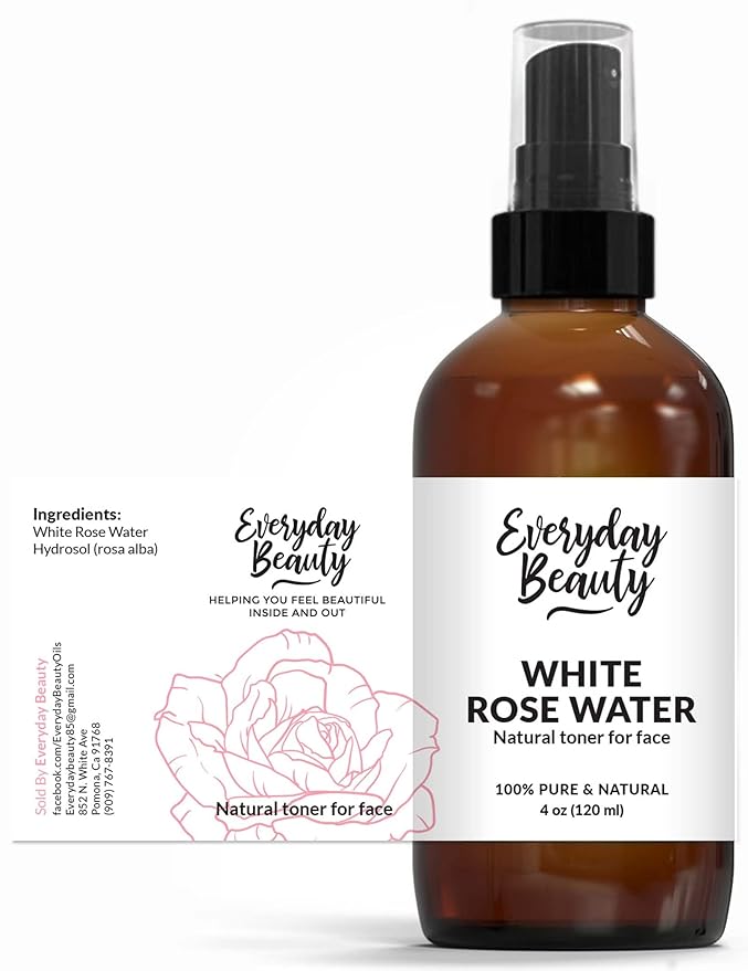White Rose Water Facial Toner - Alcohol-Free Vegan All Natural Refreshing Spray Mist for Face and Hair - Uplifts, Calming & Soothing for All Skin Types 4oz with Fine Mist Cap