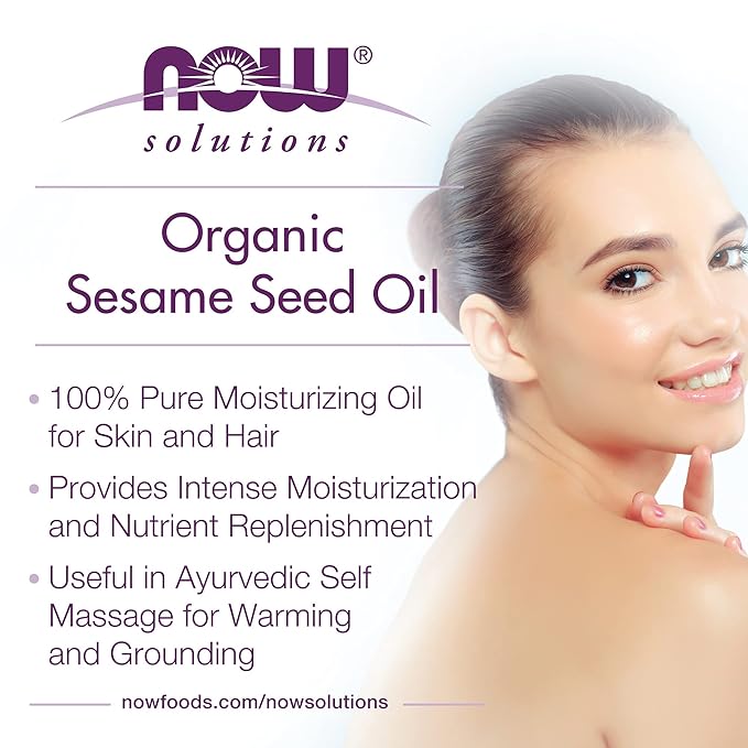 NOW Foods Solutions, Organic Sesame Seed Oil, 100% Pure Moisturizing Oil for Skin and Hair, with Vitamins, Minerals and Phytonutrients, 8-Ounce