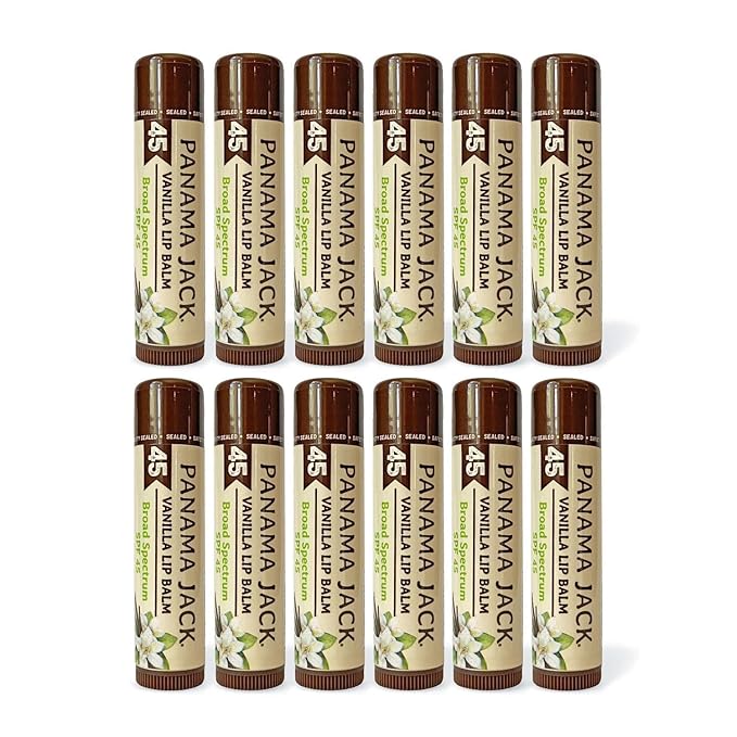 Panama Jack Sunscreen Lip Balm - SPF 45, Broad Spectrum UVA-UVB Sunscreen Protection, Prevents & Soothes Dry, Chapped Lips, Vanilla, 12-pack