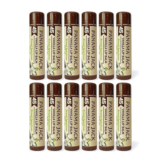 Panama Jack Sunscreen Lip Balm - SPF 45, Broad Spectrum UVA-UVB Sunscreen Protection, Prevents & Soothes Dry, Chapped Lips, Vanilla, 12-pack