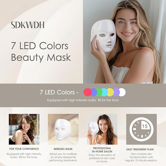 Led Face Mask Light Therapy, 7-1 Colors LED Facial Skin Care Mask, Red Light Therapy for Face, White