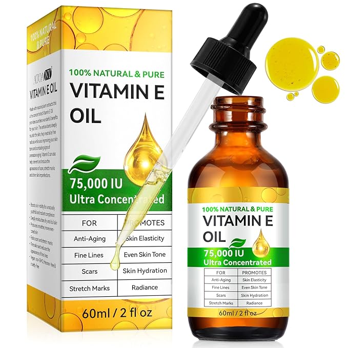 Vitamin E Oil for Skin 75,000 IU Pure Organic Vitamin E Oil for Face, Scars, Skin & Full Body, Body Oil for Dry Skin Nourishing Skin Hydration, Moisturizing Body Oil 100% Natural Hexane Free 2 Fl Oz