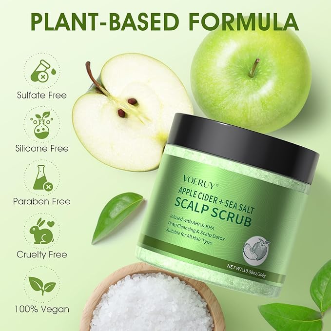 Apple Cider Scalp Scrub, 2-in-1 AHA & BHA Scalp Exfoliator Shampoo, Detox Treatment with Sea Salt, Clarify and Remove Build Up with Silicone Scalp Massager, 10.6oz/300g
