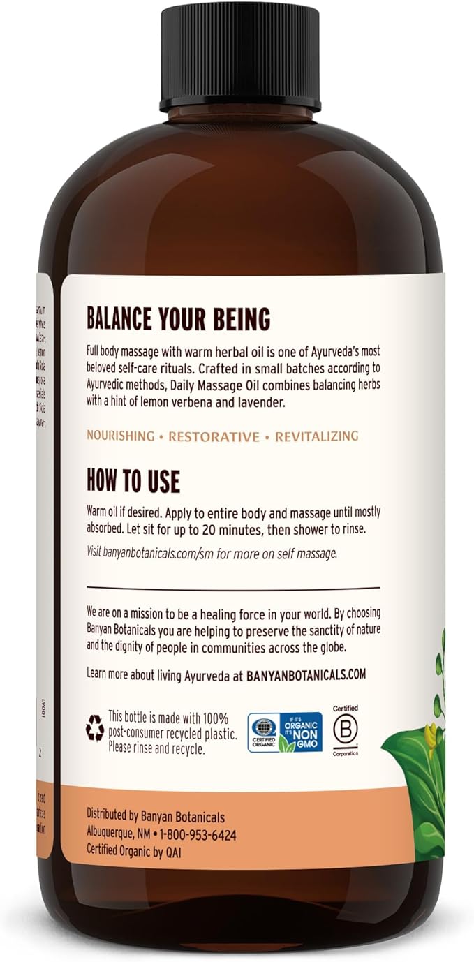 Banyan Botanicals Daily Massage Oil – Organic Ayurvedic Massage Oil – Balancing and Grounding Massage Oil with Organic Ashwagandha and Organic Shatavari – 24 oz – Non GMO Sustainably Sourced
