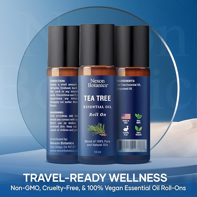 Tea Tree Oil Roll-On 10 ml - 100% Pure, Natural Essential Oil for Aromatherapy, Skin, Face & Body - Pre-Diluted for Travel - Nexon Botanics