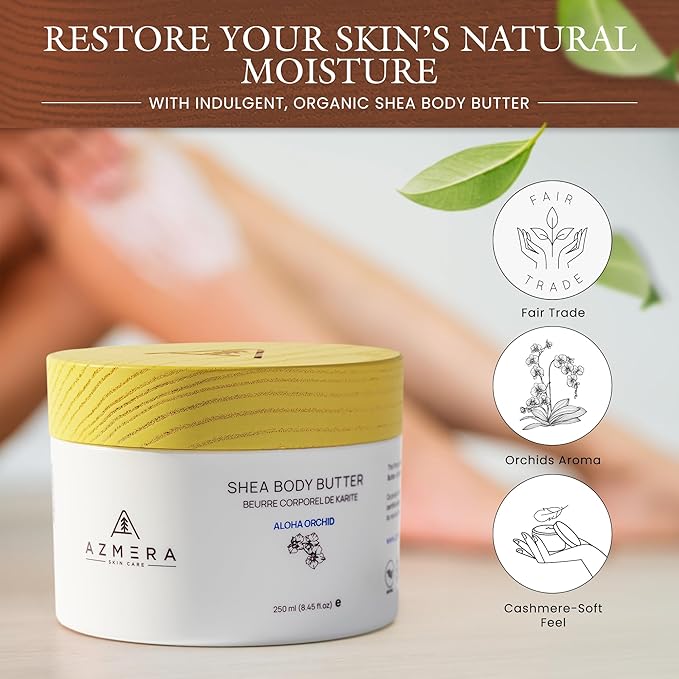 AZMERA Shea Body Butter - Organic Body Butter for Women & Men Dry Skin Rich in Antioxidants & Vitamin E - Vegan Shea Butter Moisturizer, Raw Shea Butter from Africa (Aloha Orchid, 250ml)