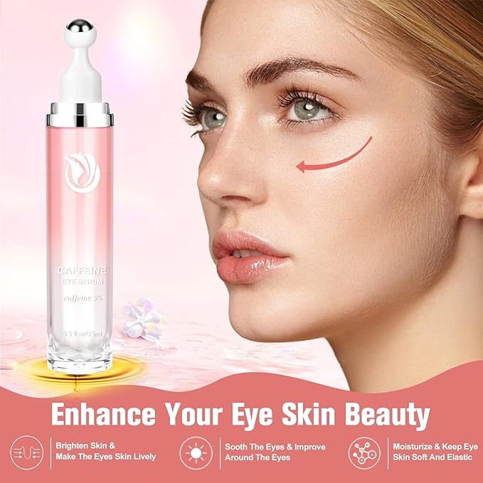 5% Caffeine Eye Serum, Cream with 360°Massage Ball for Dark Circles, Puffiness and Fine Lines, 0.5 fl.oz Under Eye Roller Cream, Efficient in Firming Eyelids
