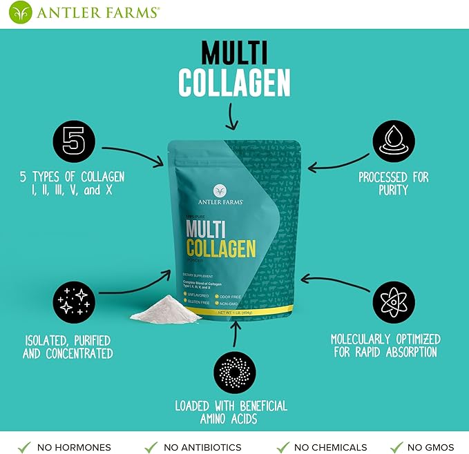 Antler Farms - Multi Collagen Protein Powder - 5 Types (I, II, III, V, and X) 100% Pure Hydrolyzed Collagen Peptides for Men and Women - Bioavailable, Rapid Absorption - Unflavored - 1 lb