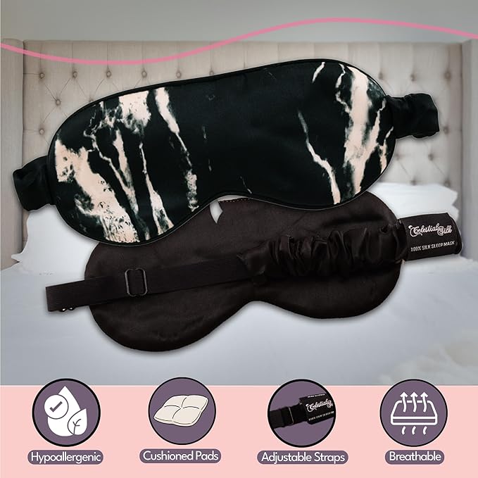Celestial Silk Mulberry Silk Sleep Eye Mask with Adjustable Elastic Strap (Normal - Adjustable, Black Marble)