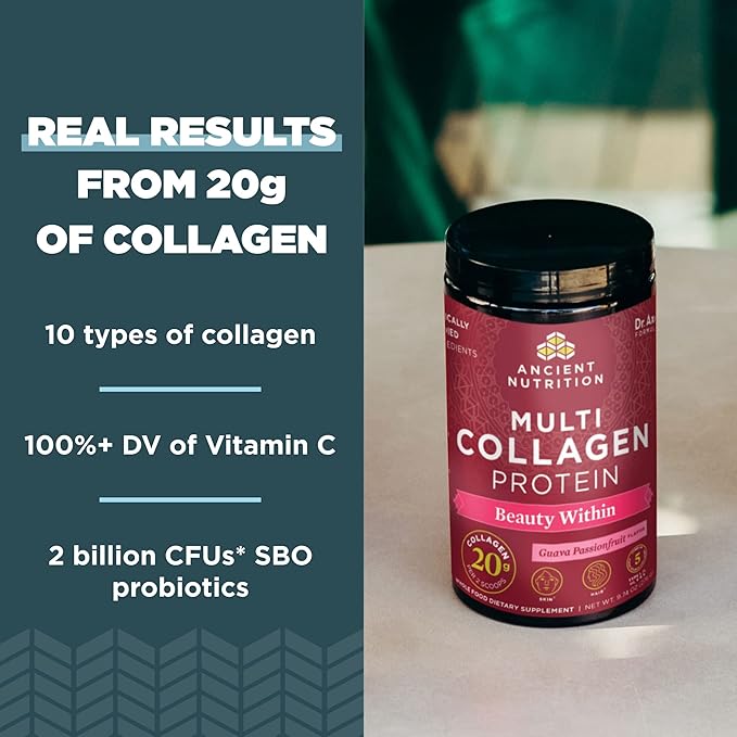 Ancient Nutrition Collagen Powder Protein, Multi Collagen Protein Beauty Within, Guava Passionfruit, with Vitamin C, Hydrolyzed Collagen Peptides Supports Healthy Skin and Nails, 18.3oz