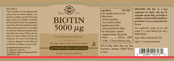 Solgar Biotin 5000 mcg - 50 Vegetable Capsules - Supports Healthy Skin, Nails & Hair - Non-GMO, Vegan, Gluten Free, Dairy Free, Kosher - 50 Servings