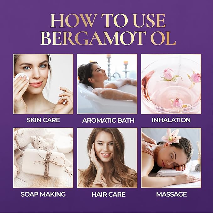 Premium Organic Bergamot Essential Oil (1 OZ) — Undiluted Organic Bergamot Oil for Diffuser Aromatherapy and Hair & Skin Care