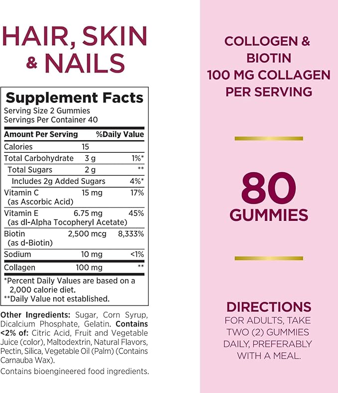 Nature's Bounty Hair, Skin & Nails with Biotin and Collagen, Supports Hair Skin and Nail Health, 2500 mcg, Citrus Flavored Gummies, 140 Ct