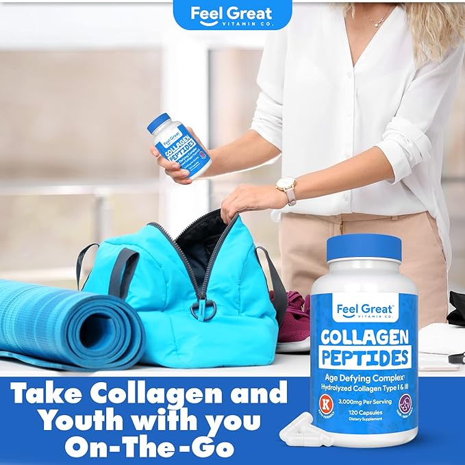 Hydrolyzed Collagen Peptides Powder Capsules (Type I &III) by Feel Great Vitamin Co. | Wheat Free, Keto & Paleo Friendly | Collagen Powder Supplement for Hair, Skin and Nails*