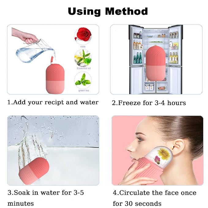 Ice Face Roller, Reusable Silicone Mold Face Massage Eye Facial Beauty Skin Care Tools Apply Ice for Shrink Pores Anti Wrinkle Reduce Puffiness Improve Skin Elasticity, Striped, Pink