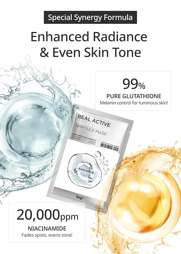 [K Beauty] Real Active Glutathione Ampoule Sheet Mask | Vegan Face Mask with Glutathione & Niacinamide | Revitalizing and Balancing for All Skin Types | Korean Face Masks Skincare | 10 Sheets