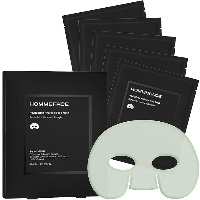 HommeFace Revitalizing Hydrogel Facial Mask Set for Men (5ct) - Hydrating, Anti-aging & Soothing Face Sheet Mask with Hyaluronic Acid, Vitamin B, C, E & Peptides, Beard-Friendly