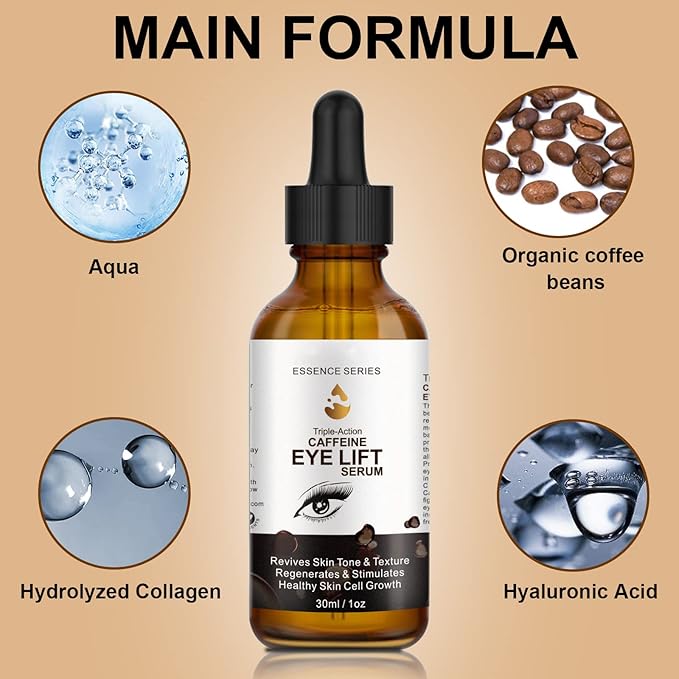 Caffeine Eye Serum - with EGCG, Vitamin C, Hyaluronic Acid, Collagen, Caffeine Eye Lift Serum - Reduces Puffiness, Dark Circles, Under Eye Bags, Wrinkles and Fine Lines Around The Eyes (30ml)