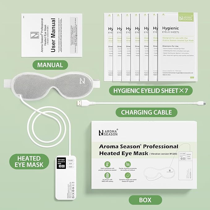Aroma Season Vibrating Heated Eye Mask for Dry Eyes, 3000mAh Cordless Warm Eye Compress for Stye, Blepharitis, Rechargeable Electric Eye Heating Pad for MGD, Included Hygienic Eyelid Sheets