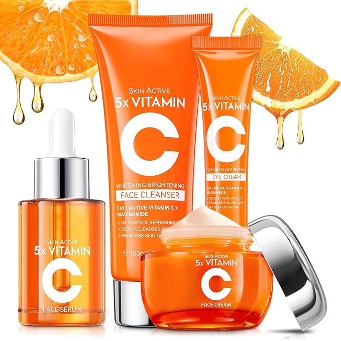 Vitamin C Skincare Set, 4PCS Travel Skincare Set With Facial Cleanser, Eye Cream, Serum & Face Cream, Facial Skincare Set for Teen Girls and Women for Moisturizing, Anti-Aging, Anti-Wrinkle