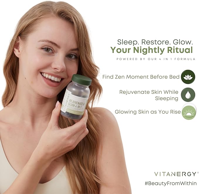 Beauty Sleep & Skin Glow Supplement – 4-in-1 Nighttime Support with L-Glutathione, Hyaluronic Acid, L-Theanine & Chamomile – Vegan, Made in USA, 56 Capsules