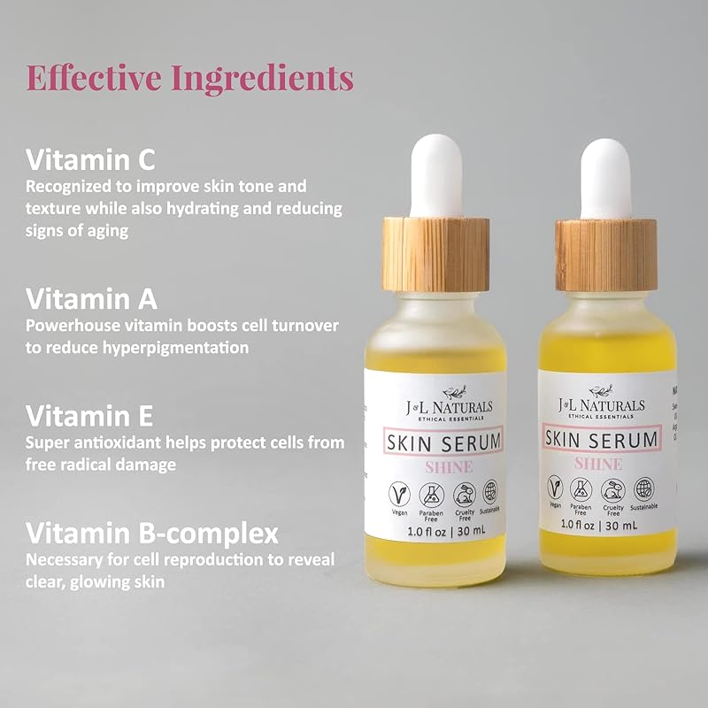 J&L Naturals | Face & Body Oil for Oily, Sensitive, Dry, Combination, Mature, & Dull Skin Types | With Jojoba Oil, Grapeseed Oil, Sunflower Oil, & More (1 Fl Oz (Pack of 2), Shine (normal, dull))