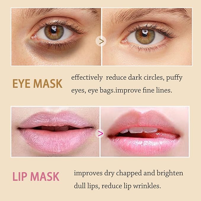 20 Pairs Lip Masks & Eye Masks, 24K Gold Gel Crystal Collagen Eye Pads, Moisturizing Lip Mask Crystal Pads, Under Eye Patches for Puffy Eyes, Dark Circles, Eye Bags, Wrinkles and Fine Lines