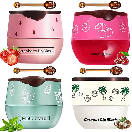 4 PCS Bee Lip Balm Lip Mask Honey Pot, Strawberry Cherry Coconut Mint Moisturizing Sleeping Lip Mask Overnight with Sticks, Lip Balm Exfoliating Prevention Dry and Crack Lip Scrubs