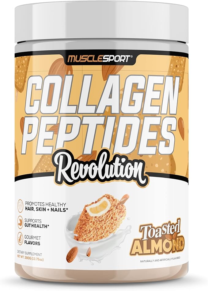Musclesport Collagen Peptides - Hydrolyzed Grass Fed Collagen Powder Supplement - Promotes Healthy Hair, Skin, Nails, Joints - 30 Serving (Toasted Almond)