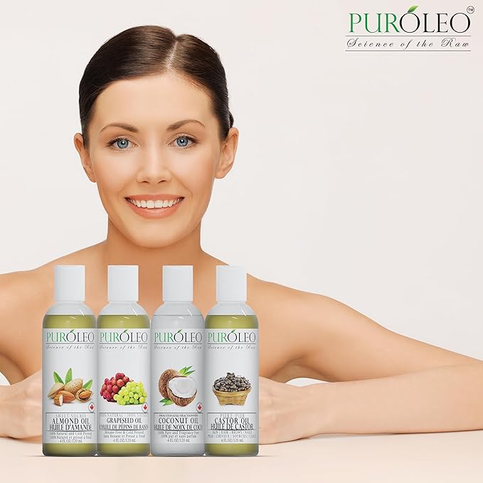 PURÓLEO Carrier Oil Gift Set- 4 Pack - Coconut Oil- Almond Oil - Castor Oil - Grapeseed Oil - 100% Natural Moisturizing Massage 4 Pc (4 Fl Oz)