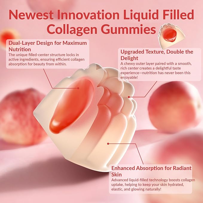 Sugar Free Hydrolyzed Collagen Filled Gummies for Women, with 2500mg Collagen Peptide Type I,II,III,V,X, Biotin,Vitamins,Hyaluronic Acid for Skin Hair Nails, 60 Gummies