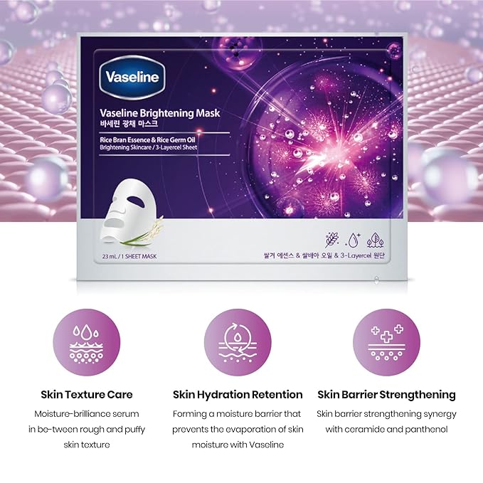 Vaseline Face Facial Mask Sheet Skin Care Essence, HYDRATION RETENTION, SKIN BARRIER REINFORCEMENT [Made in Korea] 10 Count (10 Count, Brightening)