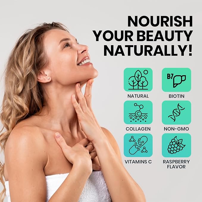 Hair, Skin & Nail Gummies | Biotin Collagen Vitamin C & E Supplement | 3000mcg Biotin | Raspberry Flavored | 60 Gummies