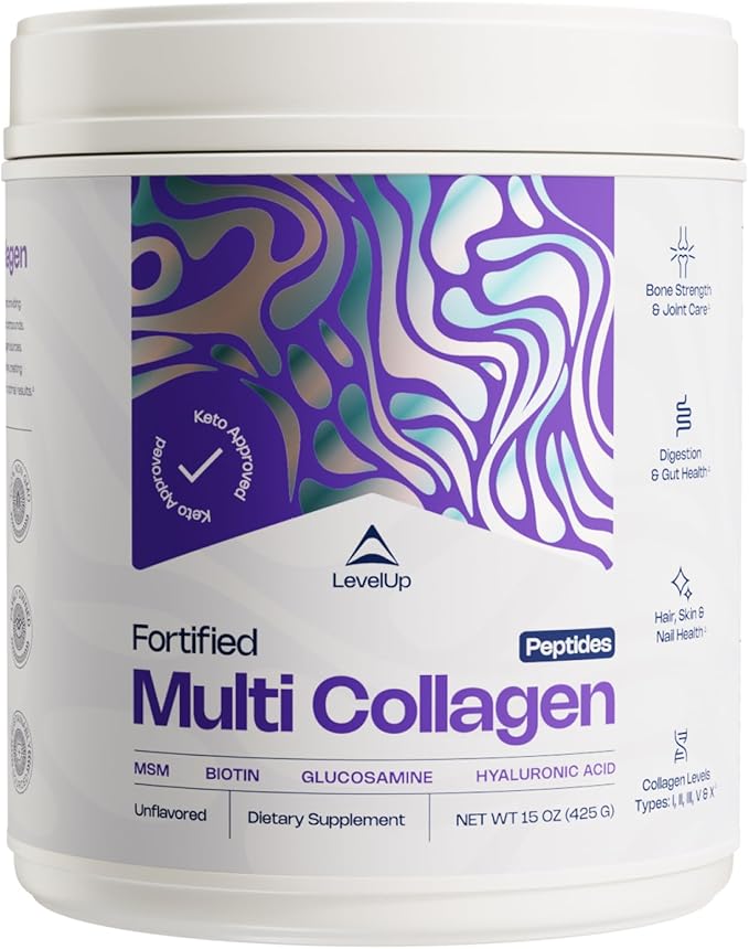 LevelUp Multi Collagen Fortified with Biotin, MSM, Hyaluronic Acid, Glucosamine, Collagen Types I, II, III, V & X, for Joints Hair Skin Nails Gut (Unflavored)