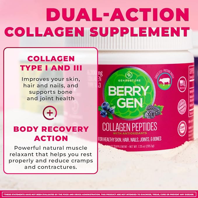 Collagen Powder with Antioxidants from BlackBerry and Blueberry Extracts - 30 Servings - Natural Dual Action Formula - Supports Joints, Hair, Skin, and Nails - Made in The USA