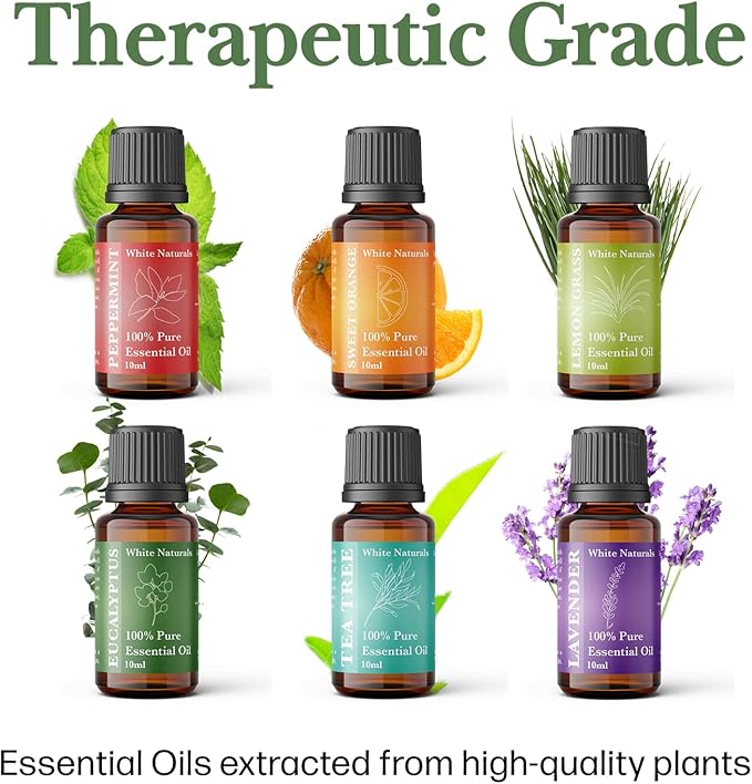 Essential Oils of 6 kit - Set, 6X10ML Diffuser Fragrance Oils Essential Oil, Sweet Orange, Tee Tree, Peppermint, Lemon Grass, Eucalyptus and Lavender