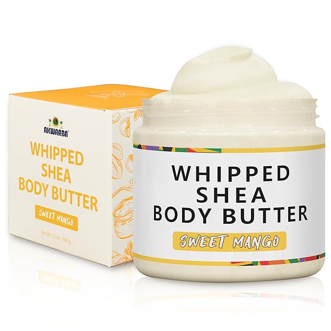 AKWAABA New Whipped Shea Body Butter (Sweet Mango) - Moisturizes, Glows & Softens Skin | Natural Raw Shea Butter | For Dry Skin | 12 oz / 340 g