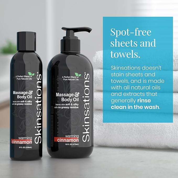 Skinsations - Cinnamon Massage Oil for Massage Therapy - 8oz | Non-Greasy, Warming Blend of Fractionated Coconut, Sweet Almond, Grape Seed and Jojoba Oils | Body Oil, Sore Muscles, Aromatherapy