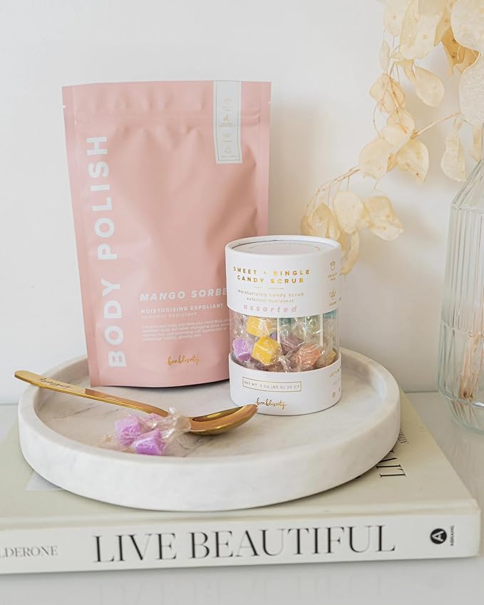 Body Polish, 8oz. - Mango Sorbet Scented Body Scrub Exfoliator for Women, Exfoliating Sugar Scrub To Lotion Moisturizer, Gentle Exfoliant for Dry and Sensitive Skin, Handmade in USA