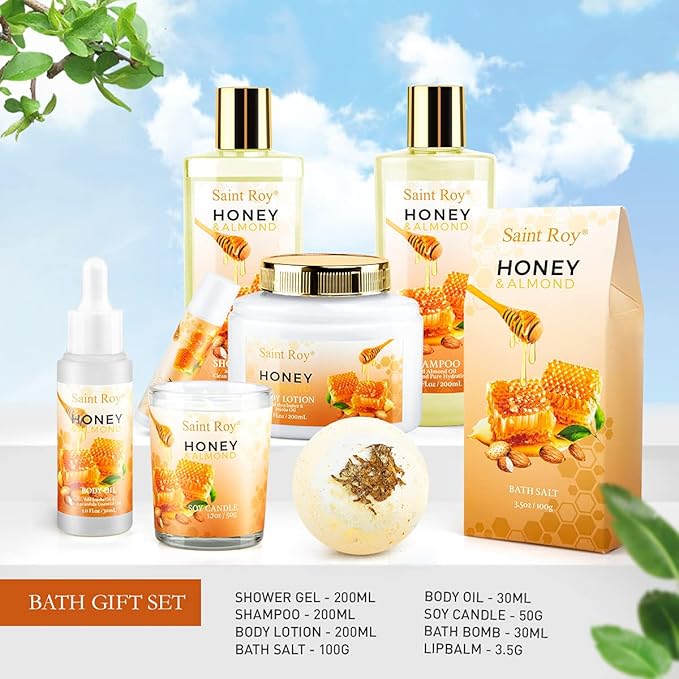 Bath spa Gifts for Her Spa Gift Basket, Honey Almond Spa Basket Bath and Body Set with Bath Bomb, Jojoba Oil & Lip Balm, Birthday Holiday Home Spa Gifts for Women & Men Fathers Day Mother day