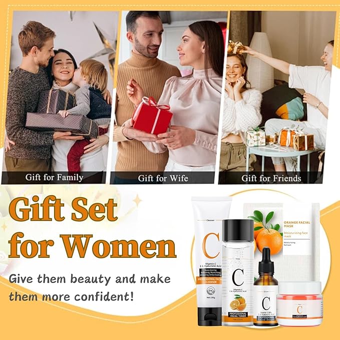 Skincare Kit Vitamin C Women Gifts - Skin Care Set Antioxidant - 5PCS Teen Skin Care Kit - Moisturizing Skincare Set - Skincare Gift Set for Women - with Cleanser, Toner, Serum, Eye Cream, Face Mask