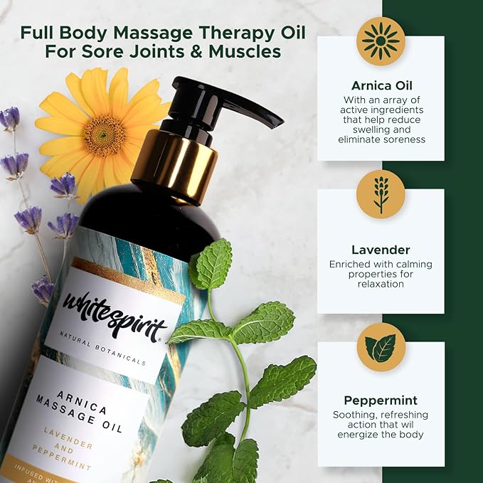 Arnica Massage Oil for Massage Therapy by WHITESPIRIT Sore Muscle Massage Oil for Body, Lavender & Peppermint, Infused with Collagen & Stem Cell, 10oz/300ml