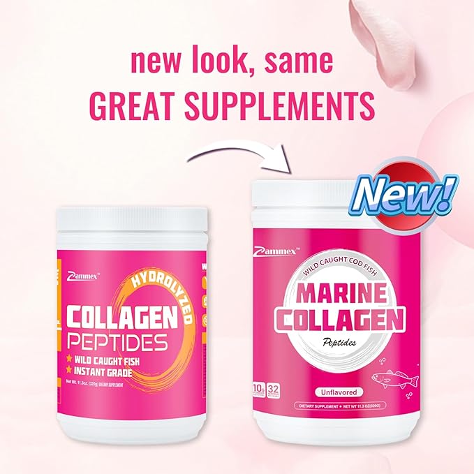 Zammex Marine Collagen Peptides, Non-GMO Wild Caught Fish Collagen Peptide,Unflavored Hydrolyzed Peptides (Type 1 & 3) for Skin, Hair, Joints & Bones,Easy to Mix, 32 Servings