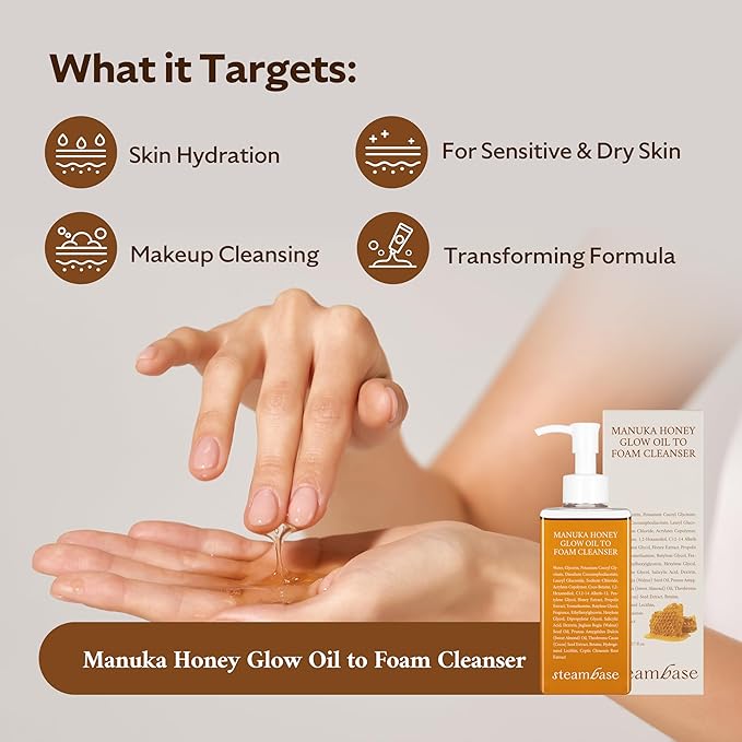 Manuka Honey Glow Oil to Foam Cleanser | Daily Makeup Remover and Cleanser, Hydrating Foaming Face Wash for Dry Skin, Double Cleanse | Korean Facial Oil Cleanser, 7.27 fl oz