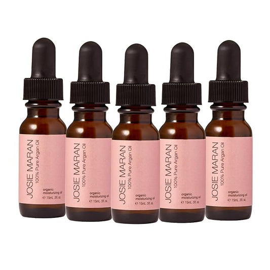 Josie Maran Mini Argan Oil Gift Set - 5 Travel Size Bottles of Pure Argan Oil for Hair, Dry Skin & Nails - Everyday Oil with Vitamin E + Essential Fatty Acids (5 Piece Set, 15ml Each)