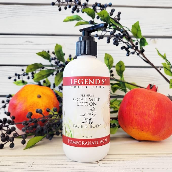 Legend's Creek Farm Goat Milk Lotion - Moisturizing Goat Milk Body Lotion for Body, Hand & Face - 9 oz Body Moisturizer with Shea Butter, Sunflower Oil, Aloe, Handmade in USA (Pomegranate Acai L.)