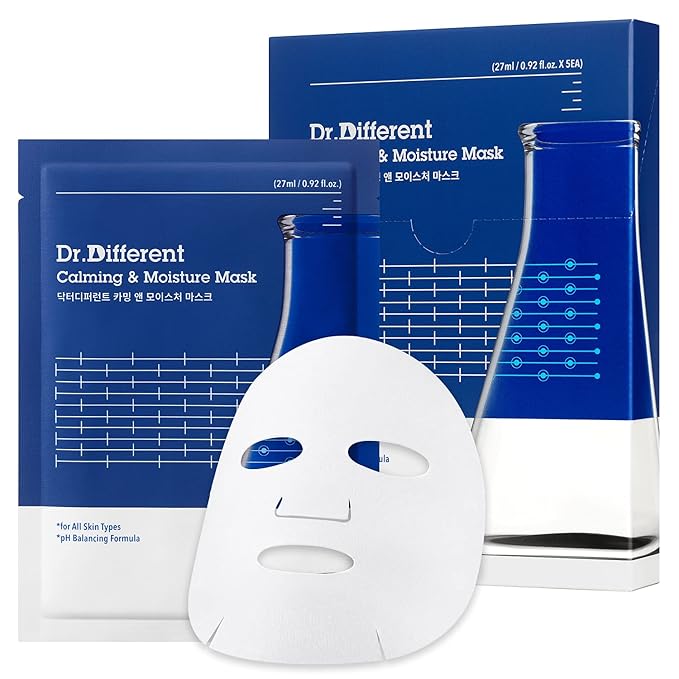 Dr.Different Calming & Moisture Mask 5 Sheets - NMF and Panthenol Hydrating Mask Sheet for Damaged Skin, 100% Cotton Sheet, Soothing for Sensitive Skin